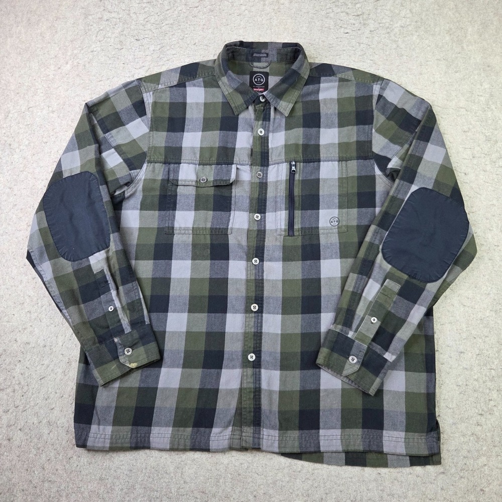 Wrangler ATG Men's 2XL Green Plaid Flannel Shirt Button Down Elbow Pads Hiking